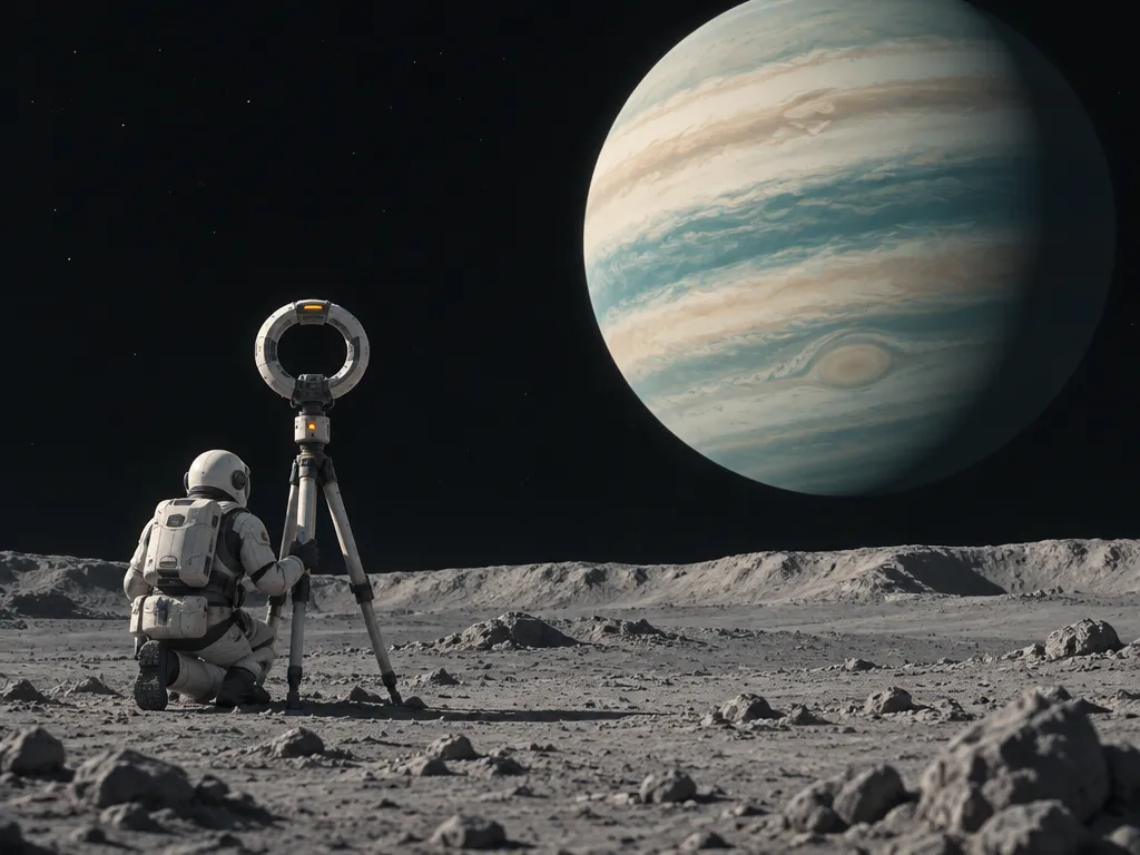 Juru ukur berlutut di samping tripod bercincin sensor di permukaan bulan; raksasa gas Brume memenuhi langit.